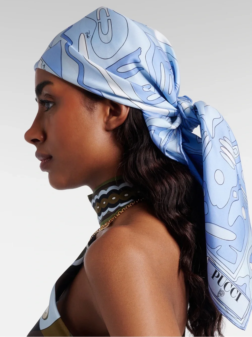 Blue Abstract Silk Scarf with White Accents